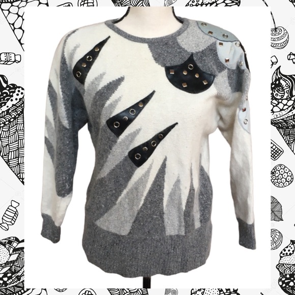 Vintage 80s IB Diffusion Cream Grey Black Graphic Studded Mohair Sweater M - Picture 1 of 8